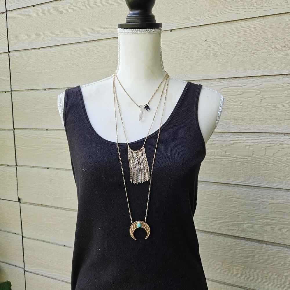 gold tone chain layered necklace crescent crystal chain fringe